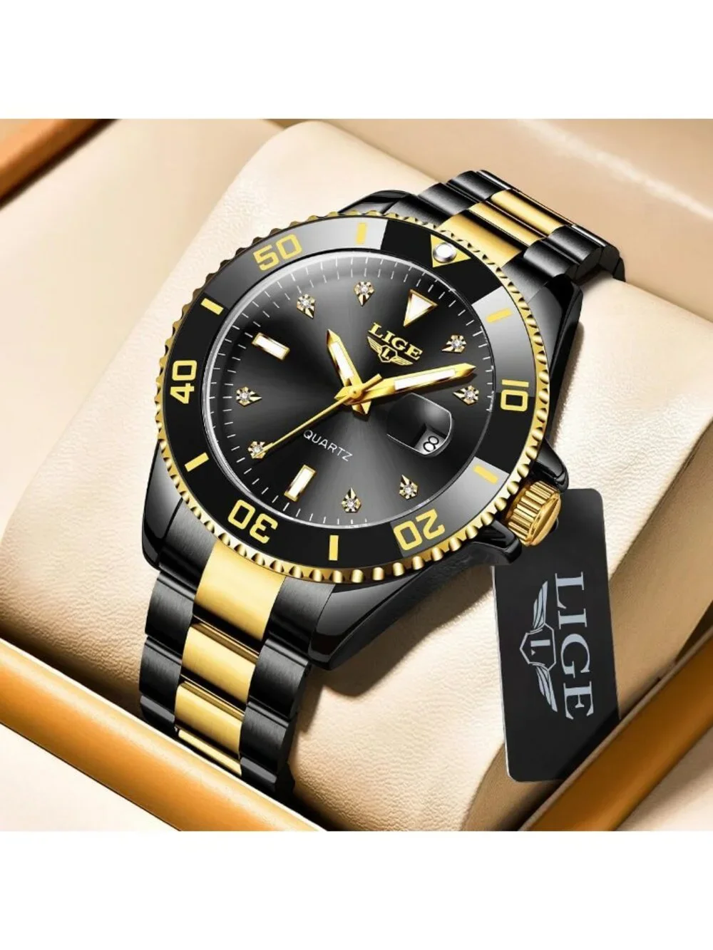 Men's Gold Black Quartz Analog Stainless Steel Waterproof Date Casual Wristwatch